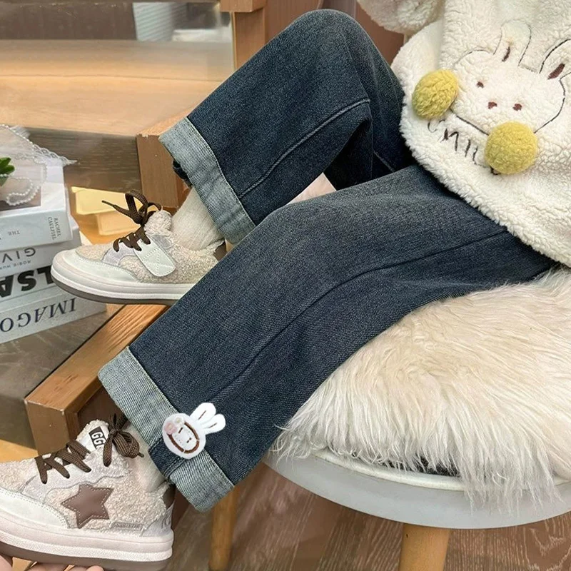 여아 캐주얼 데님 바지 부드러운 면 키즈 청바지 봄 가을 루즈핏 바지 사랑스러운 데일리룩 아동용 90cm-140cm