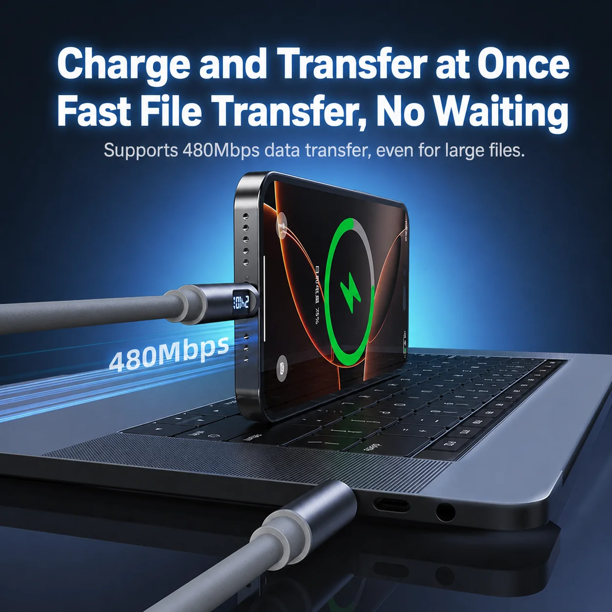 High-Speed 240W USB-C Fast Charging Cable with Digital Display - Soft Silicone Type-C Charger Cord