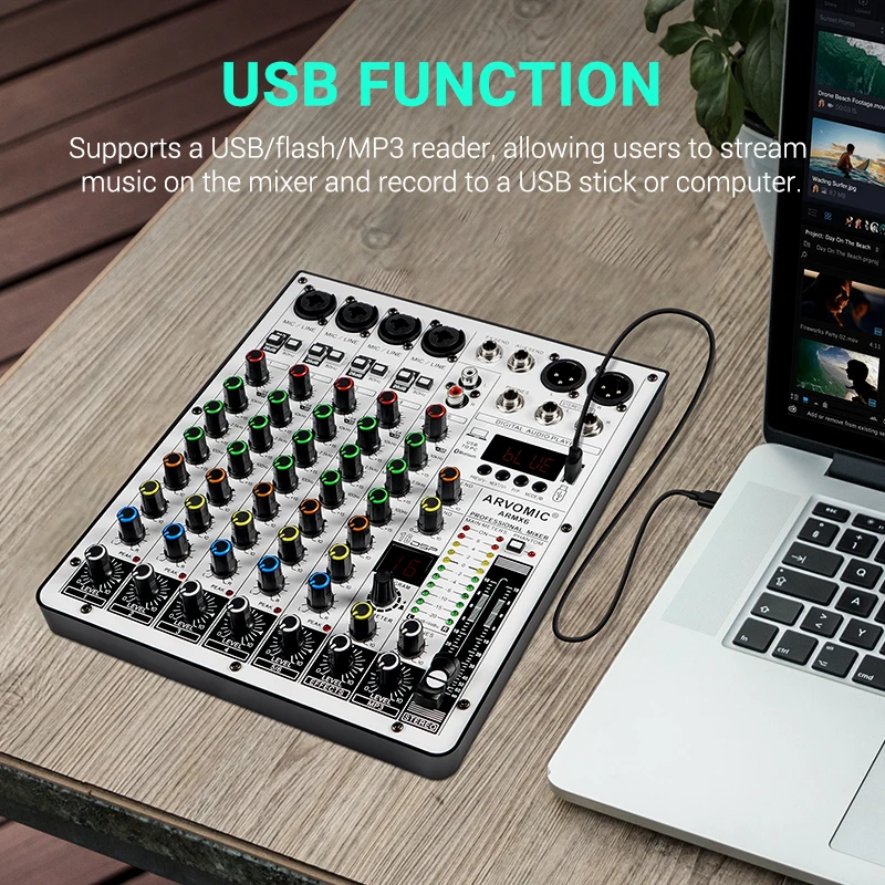 USB 오디오 인터페이스가 있는 ARVOMIC DJ 믹서, 6 채널 오디오 믹서, 블루투스 기능, 16 DSP 효과, 3 밴드 EQ (ARMX-6)