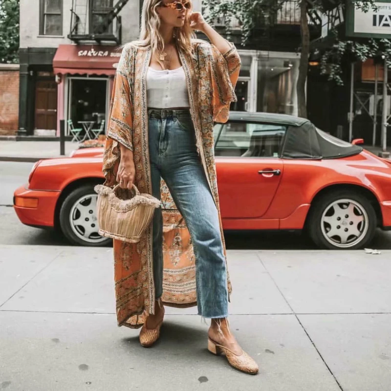 Boho Queens Women Yellow Floral Print Sashes Kimono Ladies V Neck Batwing Sleeves Bohemian Maxi Dress Robe Cover-up