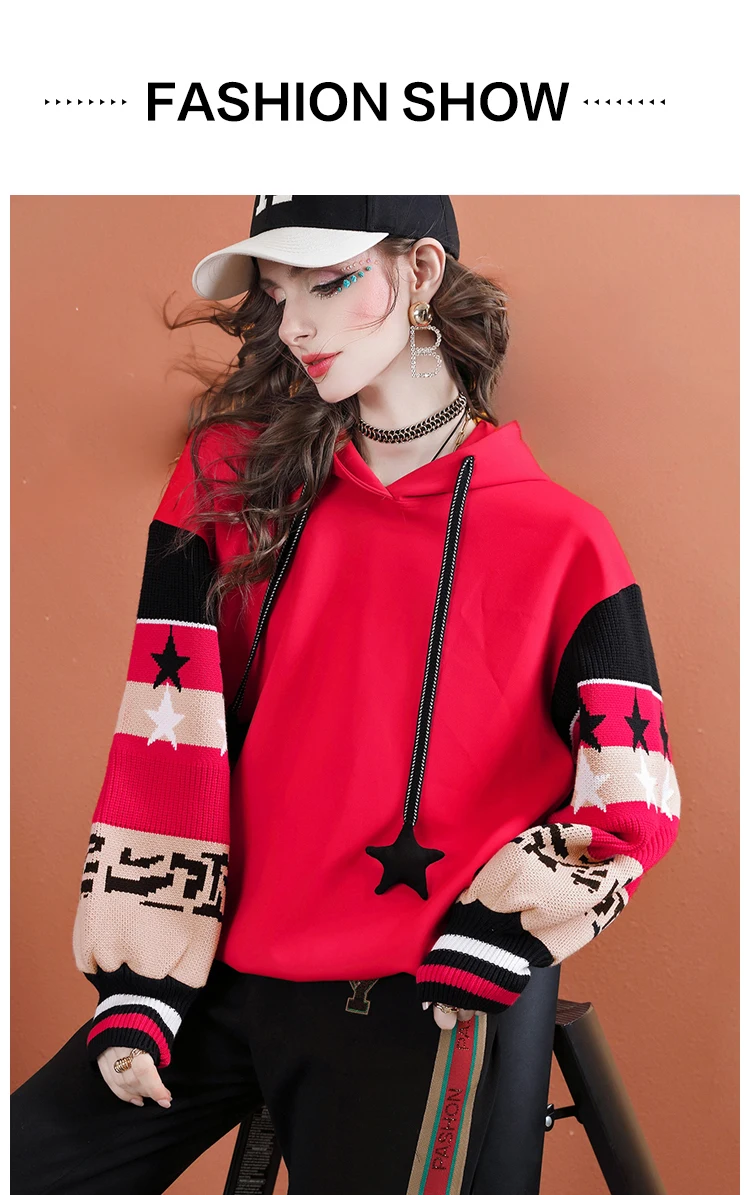 سترة نسائية بغطاء للرأس على شكل نجمة - سويت شيرت كبير الحجم مع رباط |   بلوفر كاجوال