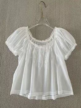 Camicetta Bianca da Donna con Cuciture in Pizzo, Ricamo Floreale, Collo Tondo, Maniche a Sbuffo, Vestibilità Ampia, 100% Cotone