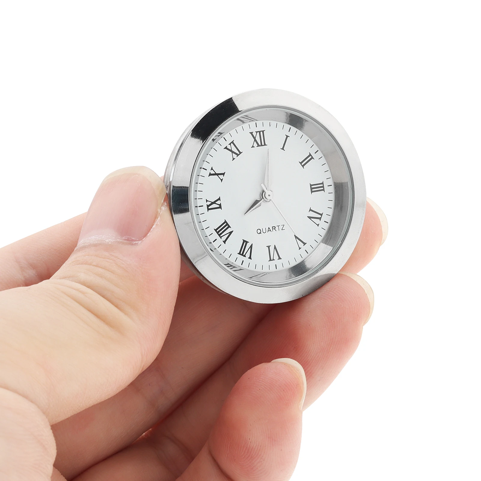 1-1/2 inch Quartz Movement Round Mini Clock Insert for for 35 mm Diameter Hole with White Face,Roman Numerals, Silver Tone Bezel 4