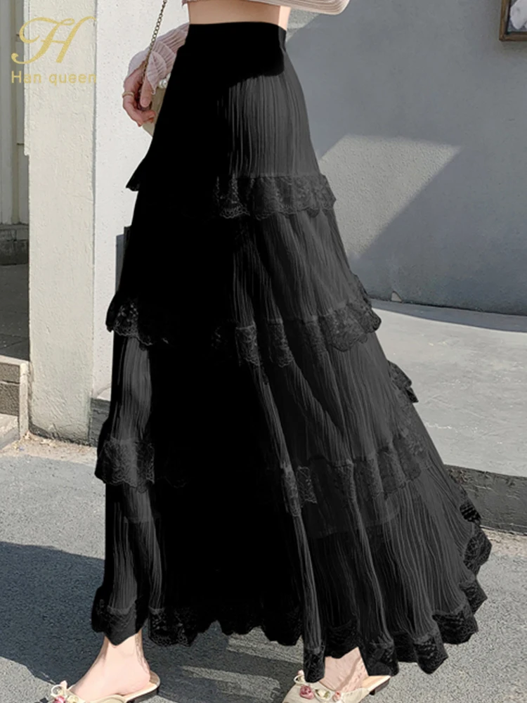 H Han Queen Summer Lace Stitching Cake Big A Line Elastic Waist