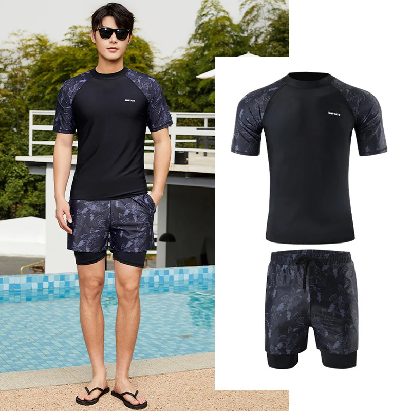 Men's Two-pieces Sun Protection UV SPF Shirts and Trunks, Short/Long Sleeve Lightweight Quick Dry Swimsuit Rash Guards Fishing