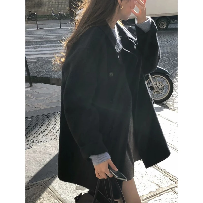  Korean Drama Lead Role Feel Double Breasted Woolen Coat Women's Long Sve Turn-down Collar Mid-length Commute Sle