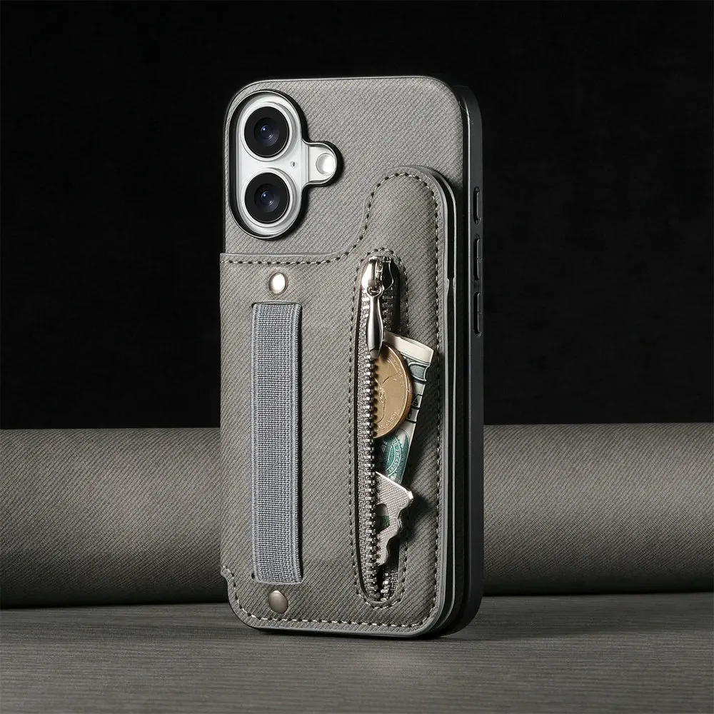 Luxury RFID Leather Flip Case with Zipper Card Holder and Elastic Strap