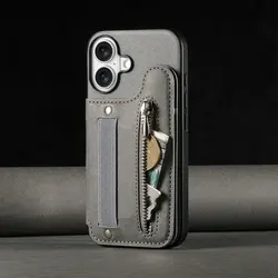 Luxury RFID Leather Flip Case with Zipper Card Holder and Elastic Strap - Reno 13F 4G (GRAY)