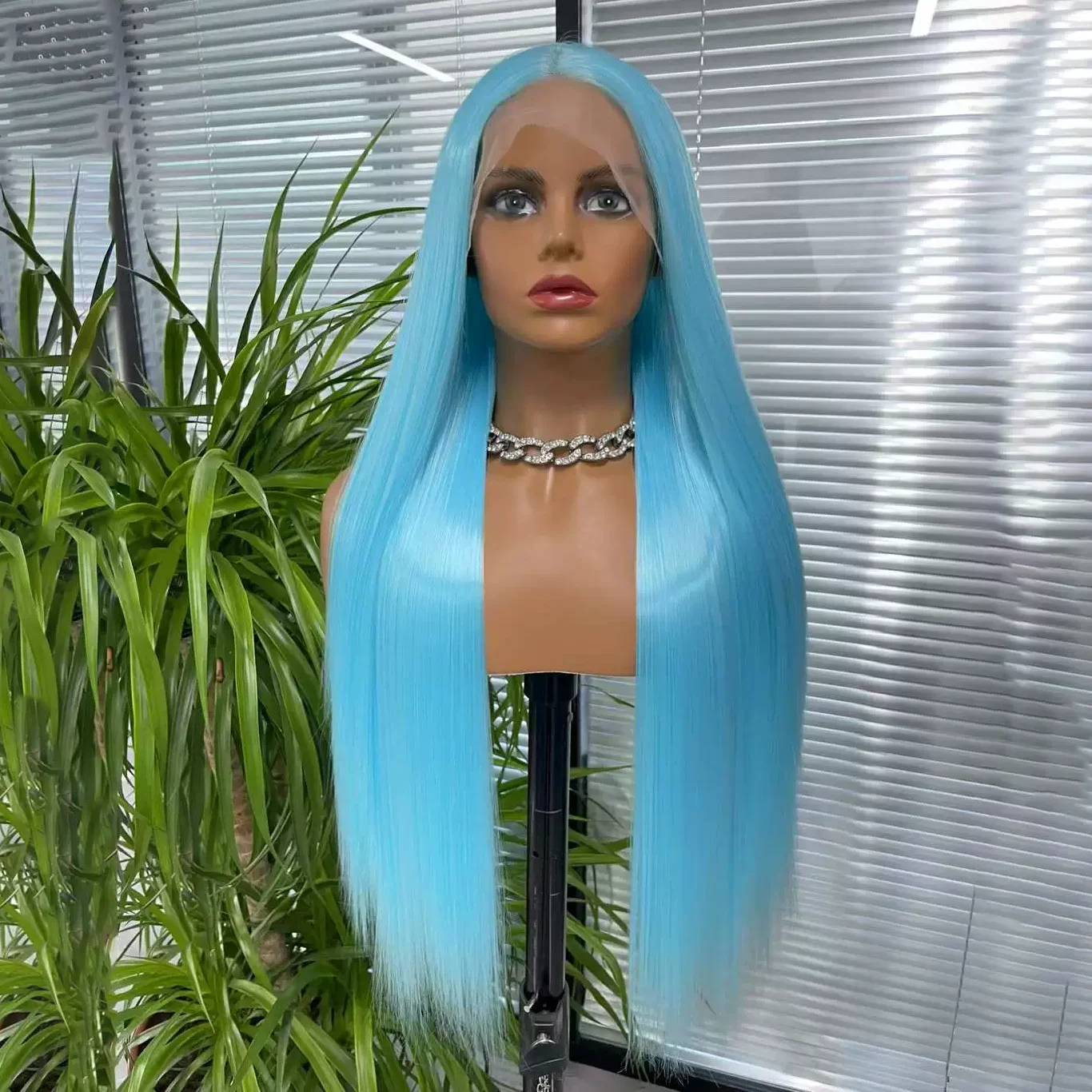 Sky Blue Synthetic Lace Front Wigs Ice Blue Color Silky Straight Hair Party Cosplay Daily Wear T Part Lace Wig
