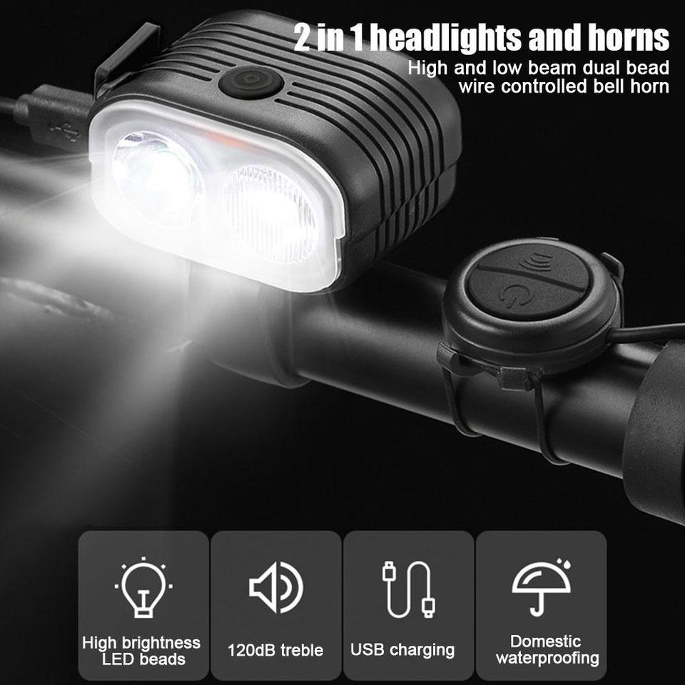 2 In 1 Waterproof USB Rechargeable Light With Horn 200lm Bicycle COB Front Light With 120dB Loud Horn Cycling Flashlight Bicycle