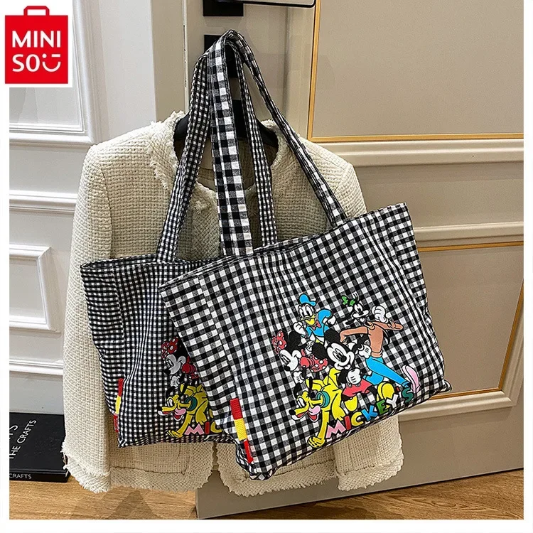 MINISO Disney Family Women's Large Capacity Cartoon Anime Mickey Donald Duck Rice Print One Shoulder Shopping Bag Handbag