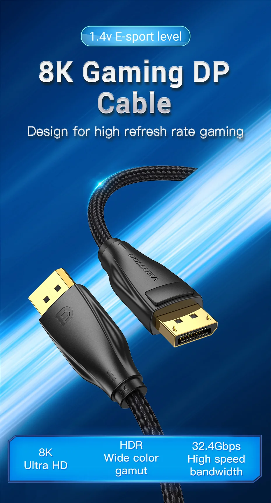 8K DisplayPort 1.4 Cable for TV 4K@144Hz 32.4Gbps DisplayPort to DP for PC Compu