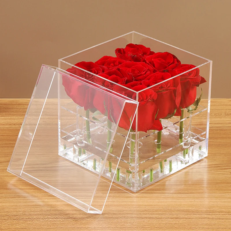 Acrylic Clear Square Flower Vase Rose Flower Box Makeup Organizer
