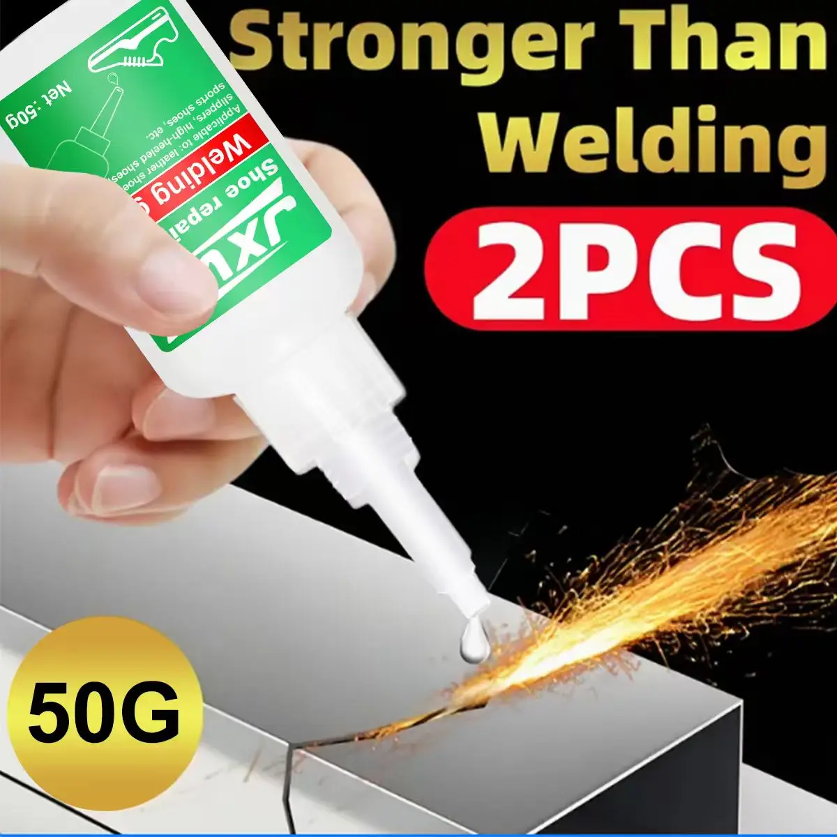 Tube individuel de Colle Super Glue JXVX 50g posé sur une surface métallique, bouchon rouge orienté vers le haut.