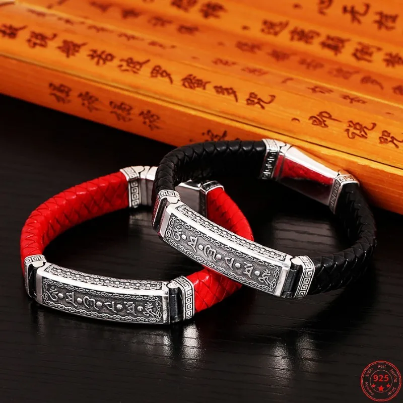 

S925 Sterling Silver Charm Bracelets for Men Women 2023 New Men's Fashion Six Syllable Mantra Argentum Amulet Cowhide Bangle