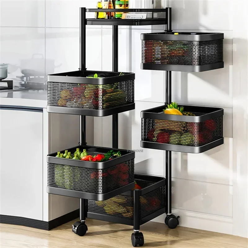 Modern Multi-functional Fruit Vegetable Organizer Cart With Wheels Kitchen Storage Basket Kitchen Cart Rotating Trolleys