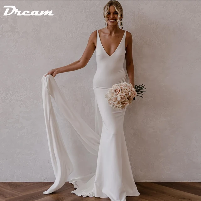 DREAM Customized Deep V Neck Crepe Detachable Train Mermaid Wedding Dress 2025 Sleeveless Open Back Simple Bridal Gowns Elegant 2