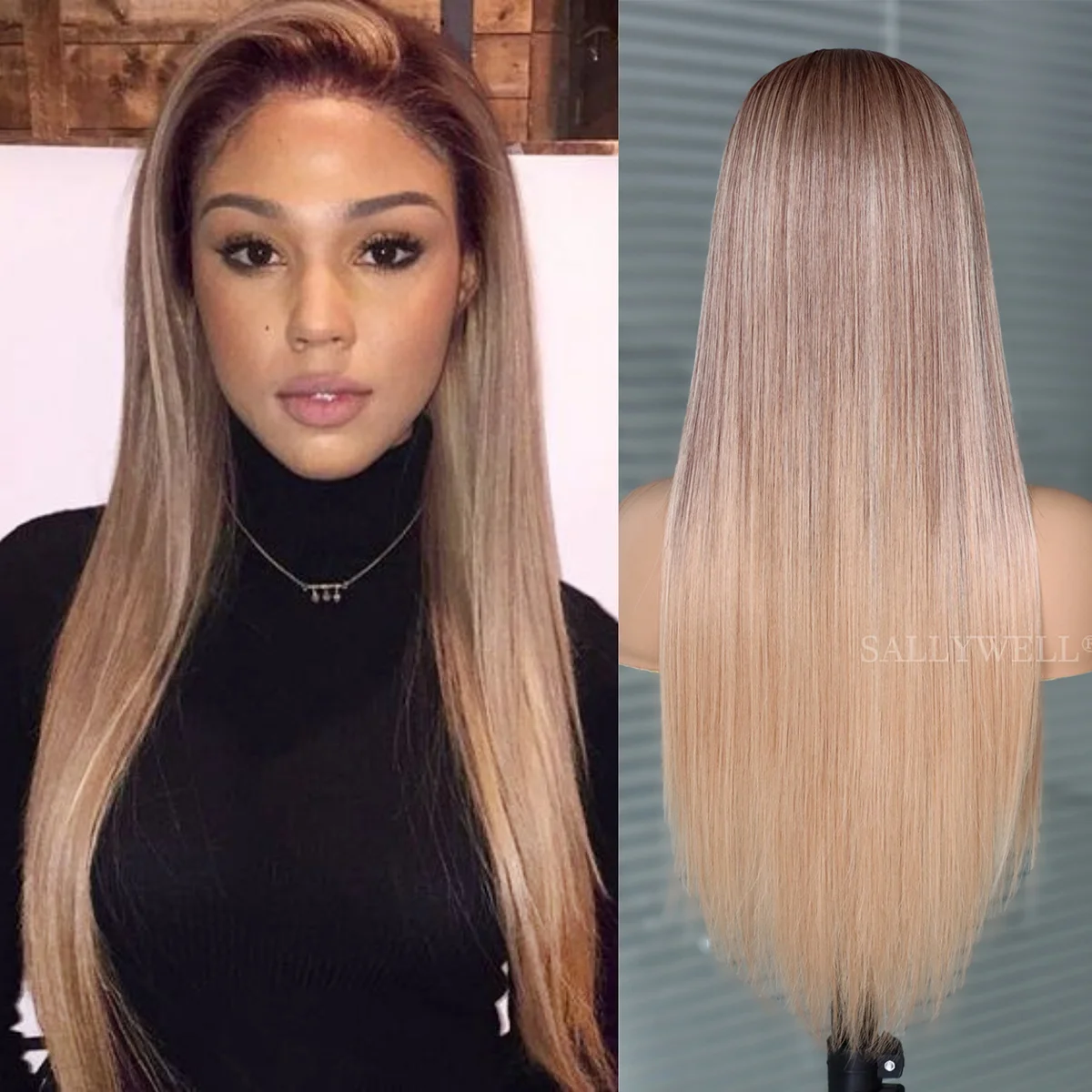 Ombre Brown Blonde 13x4 Lace Front Synthetic Wig Glueless Long Straight 3 Tone Colored Lace Front Wig for Women Heat Resistant