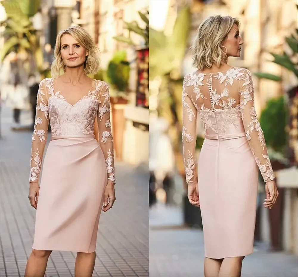 

Elegant Pink Satin Illusion Long Sleeves V Neck Mother of the Bride Dresses For Weddings فساتين السهرة Summer