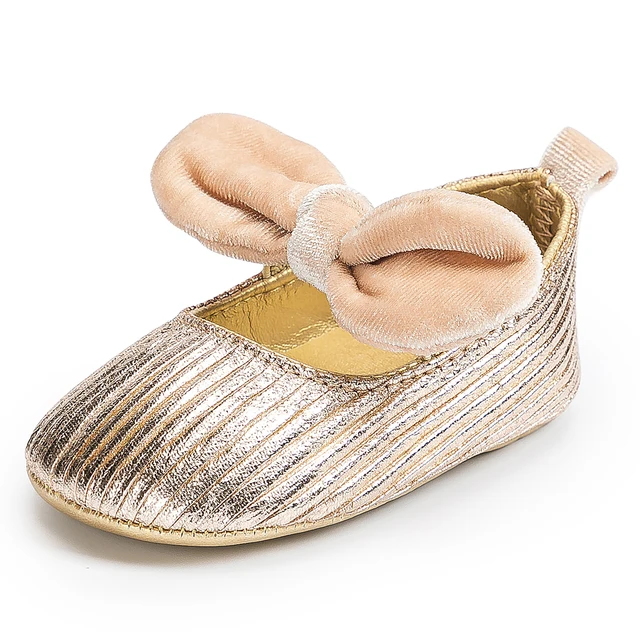 Newborn Baby Shoes Baby Boy Girl Shoes Girl Classic Bowknot Rubber Sole Anti-slip PU Dress Shoes First Walker Toddler Crib Shoes Gold5