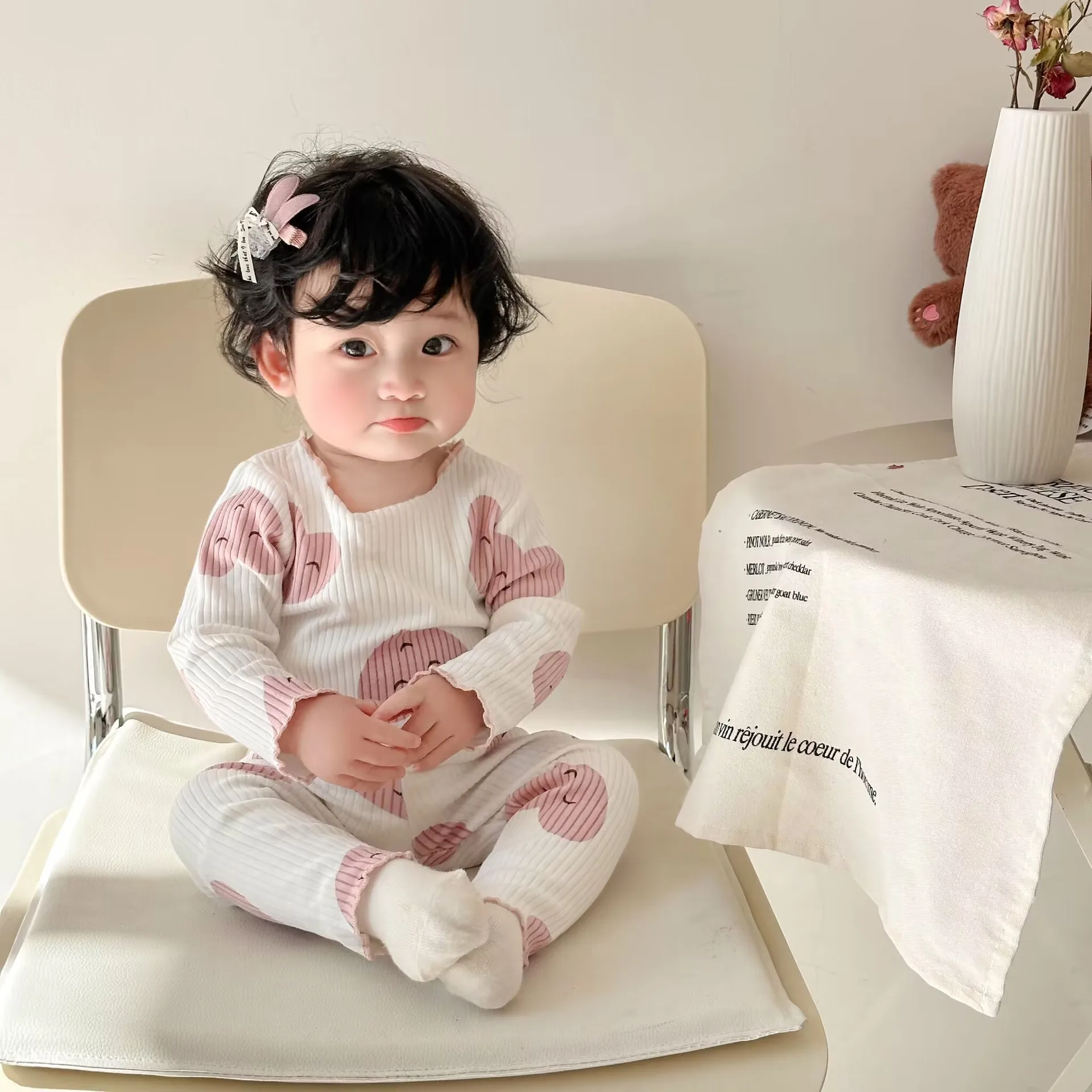 

2024 Spring New Baby Long Sleeve Home Wear Set Infant Girl Heart Dot Print Tops + Pants 2pcs Suit Toddler Elastic Casual Outfits