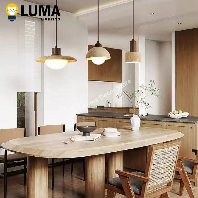 Luma Wabi Sabi Yellow Travertine Pendant Light for Kitchen Island Stone Wood Hanging Light Resturant Bedroom Bedside Home Decor