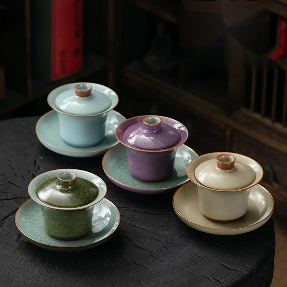 

160ml High End Jun Kiln Porcelain Tea Tureen Handmade Ru Kiln Sancai Gaiwan Anti Scalding Cover Bowl Tea Brewing Tea Bowl Teaset