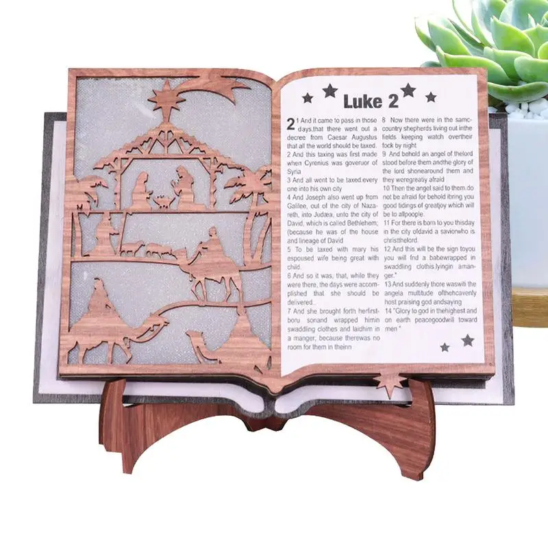 

Jesus Ornament Rustic Wooden Book Stand With LED Light Christmas Nativity Ornaments Festive LED Holiday Décor Wood Book Rest
