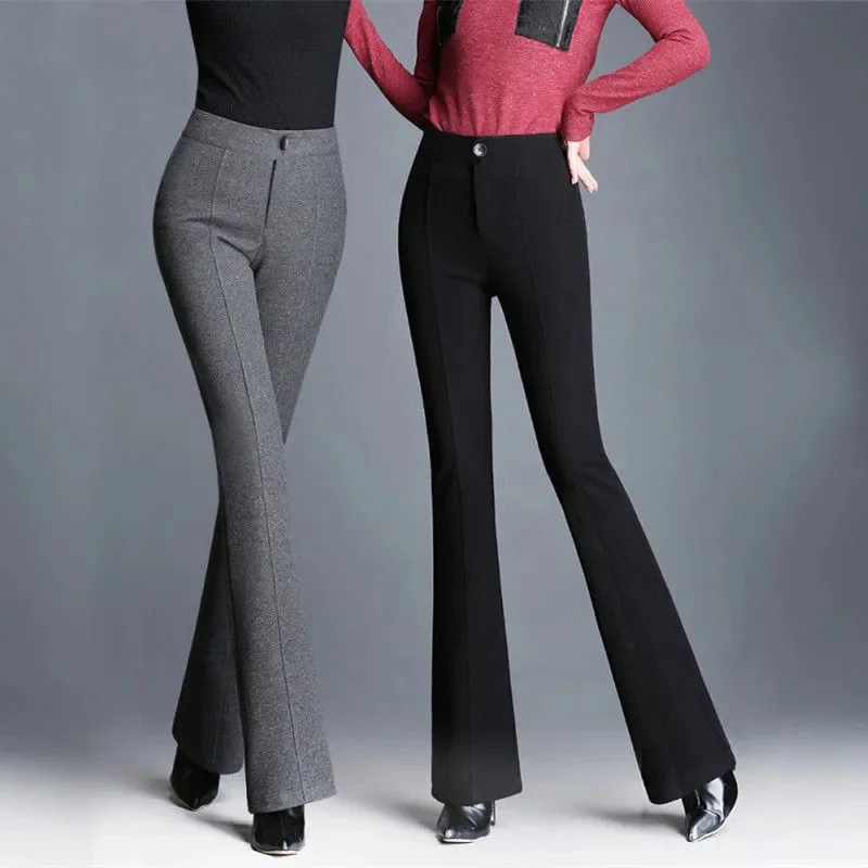 

NEW Women Micro Flared Pants Autumn Winter High Waist Thicken Woolen Wide Leg Pants Office Lady Elegant Long Trousers Black Gray