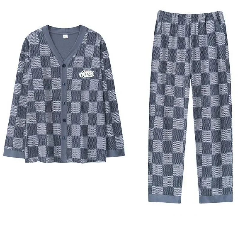 2024 New Cotton Pajama Men Long-sleeved Spring Autumn Sleepwear Cardigan Plus Size Cotton Youth Middle-aged V-neck Homewear Suit