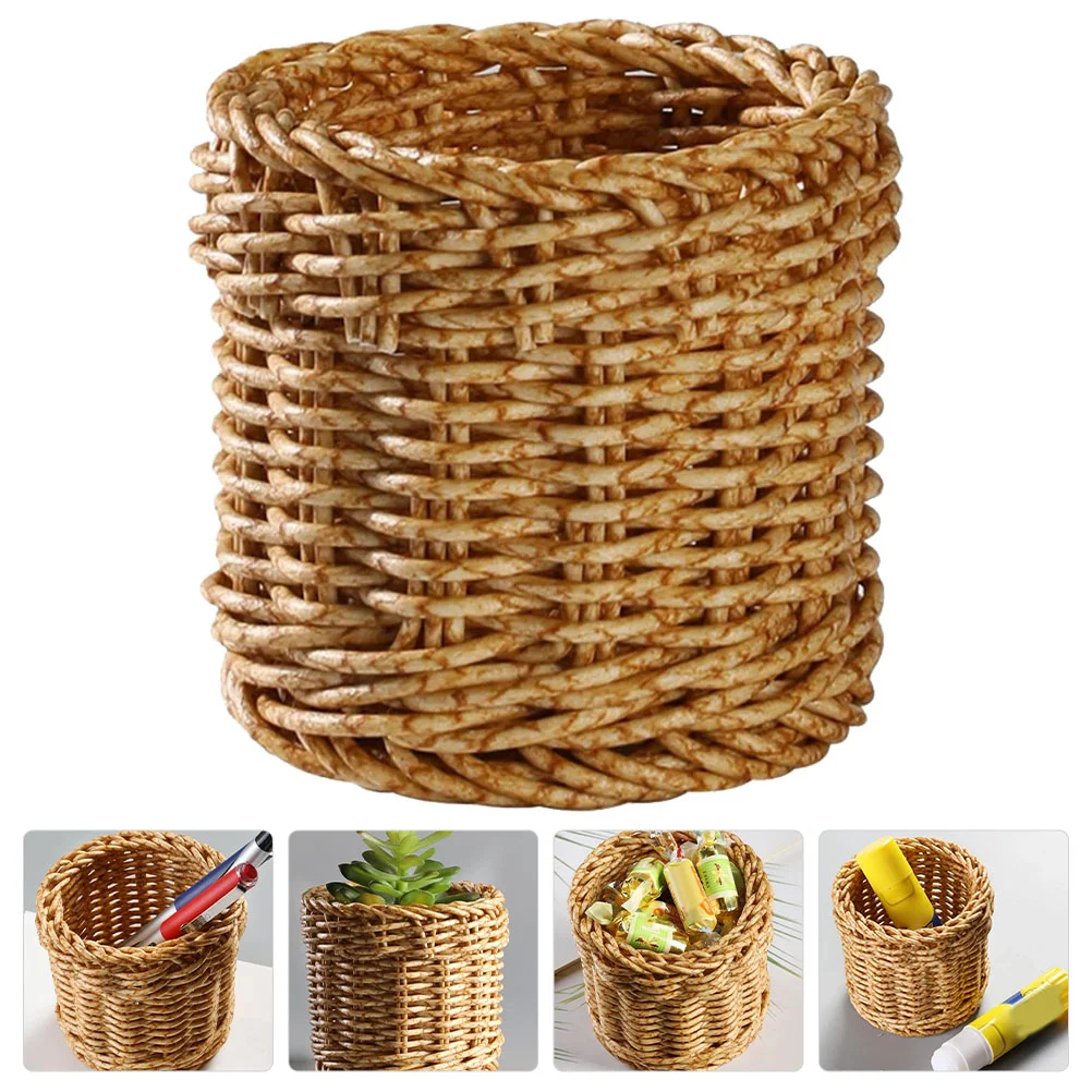 Wicker Storage Basket Makeup Brush Pencil Holder Chopstick Box Imitation Rattan Desk Plastic Decor Desktop Lipstick Round