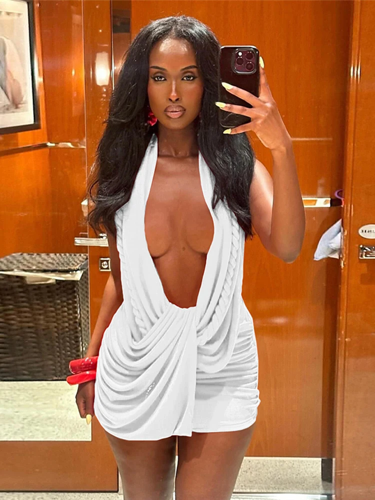 Nibber Backless Dress Woman Twist Bandage Halter Swing Collar Cleavage Sleeveless Midnight Club Party Sexy Fashion Mini Bodycon