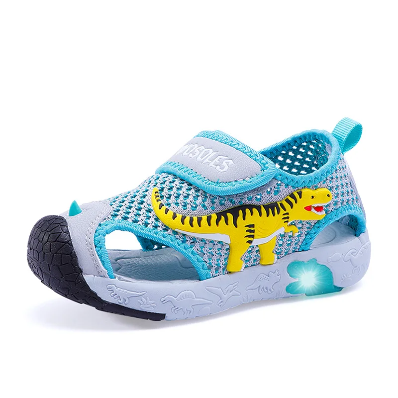 EXDINO Dinosaur LED Flashing Summer Sandals 6Y Boys Children Cut-Outs Closed Toe Fashion Little Kids Beach Shoes Anti-Slip 5