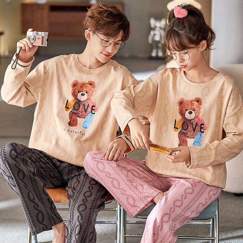 Cartoon Cute Bear Cotton Couples Nightwear Spring Long Sleep Top Pant Pajamas Set Women Matching Homewear Home Clothes Freeship