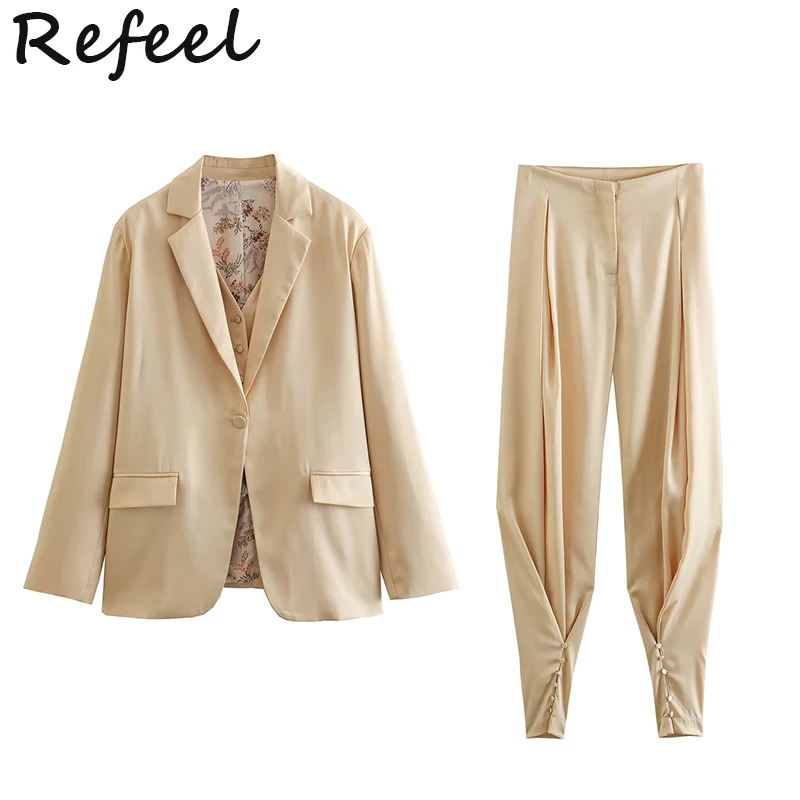 Refeel Women Jogger Pant Suits Blazers With Vest Oversized Solid Jacket