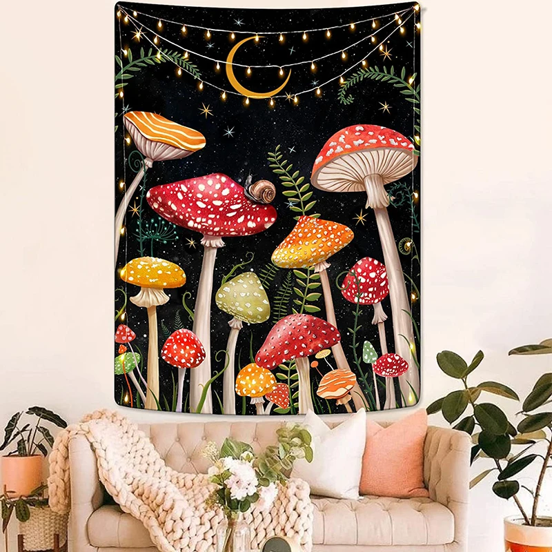 Mushroom-Tapestry-Aesthetic-Moon-Star-Botanical-Snail-Plant-Trippy ...