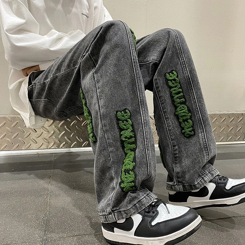 Jeans for Men With Print Straight Trousers Grunge Y2k Graphic Baggy Low Rise Stretch 2022 Trend 90s Streetwear Mens Cowboy Pants