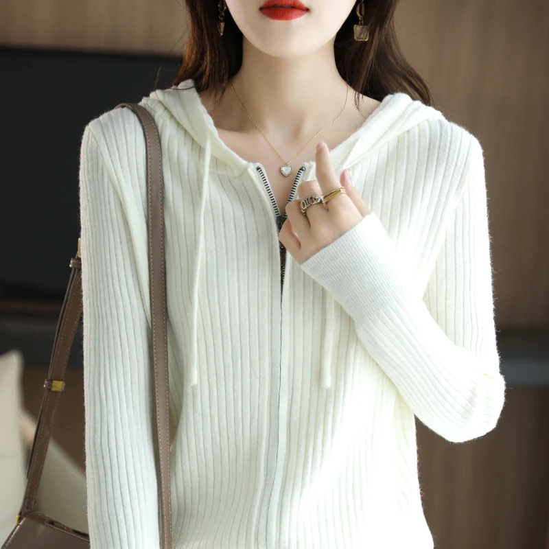 가을 겨울 후드 니트 가디건 스웨터, 여성 스웨터, 넉넉한 캐주얼, 단색, 조커 울, 보터밍 후디