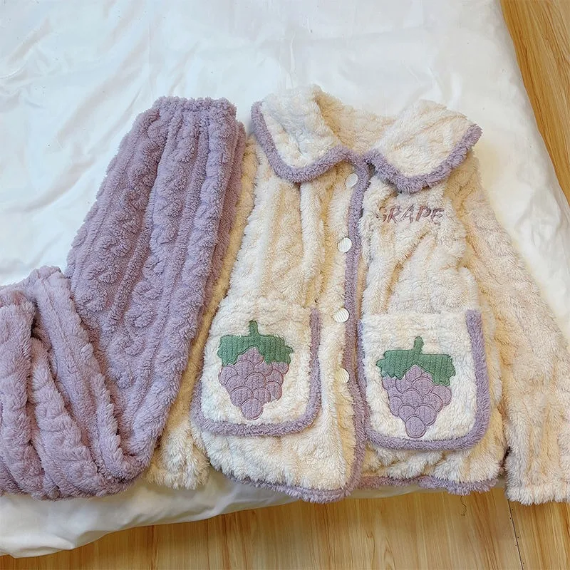New Coral Velvet Women's Pajamas Autumn Winter Loungewear Oversized Flannel Nightwear Thickened Sleepwear Set Homewear