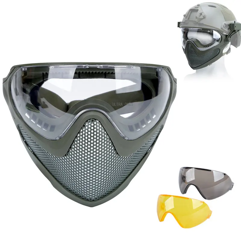 

Tactical Full Face Mask Paintball Airsoft Shooting Steel Mesh Masks Cs Game Breathable Durable Masks 3 Lens Use with FAST Helmet