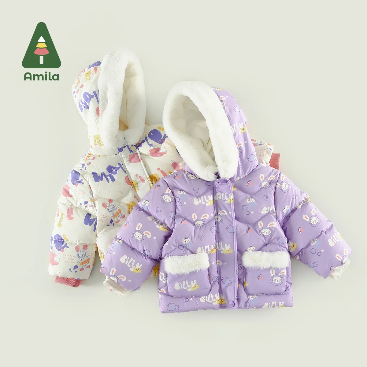 Amila Babies Coat Winter Girls Children Graffiti Casual Hooded Fur Collar Down Jacket Baby Boys Warm Fashion with Pockets Clothe