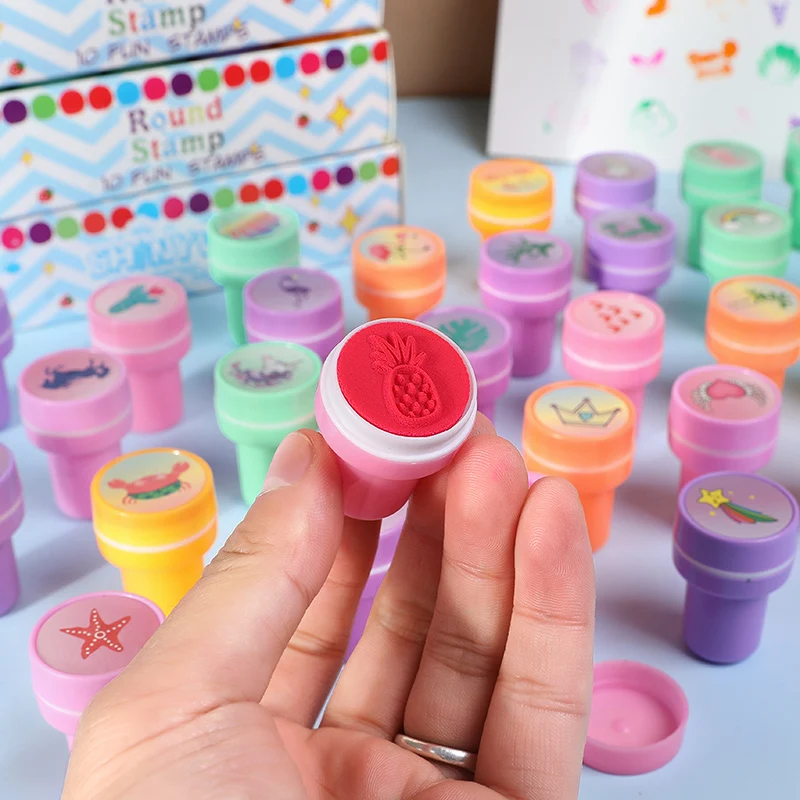 10Pcs Cartoon Self-ink Stamps Kids Mermaid Unicorn Birthday Party Favors Gift Flamingo Hawaiian Party Decor Supplies Wedding