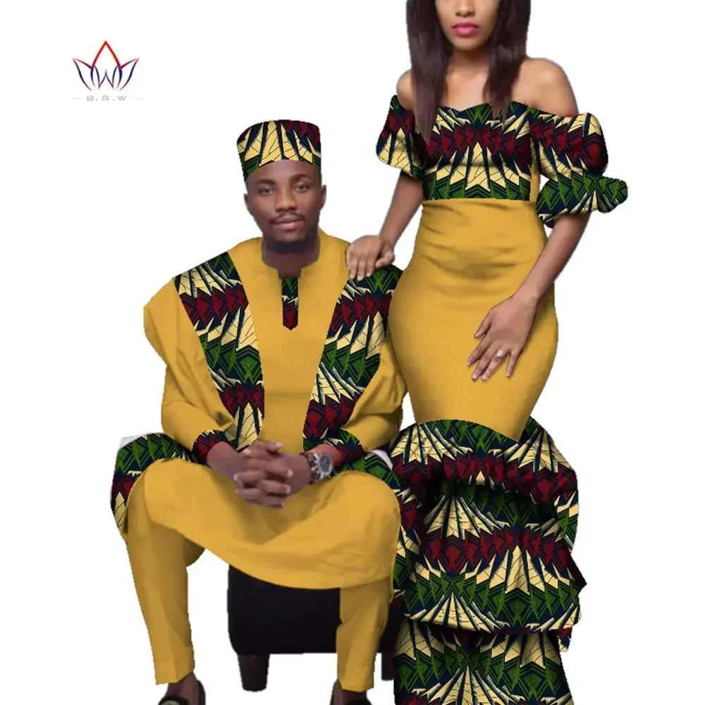 African Couple Clothes African Dresses for Women Bazin Riche Long Dresses African Men Print Gown Top and Pants WYQ221