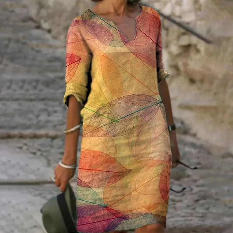 2022 Vintage Printed Loose Dress Women Summer Half Sleeved V Neck Ladies Casual All-match Plus Size Beach Dresses Vestidos |