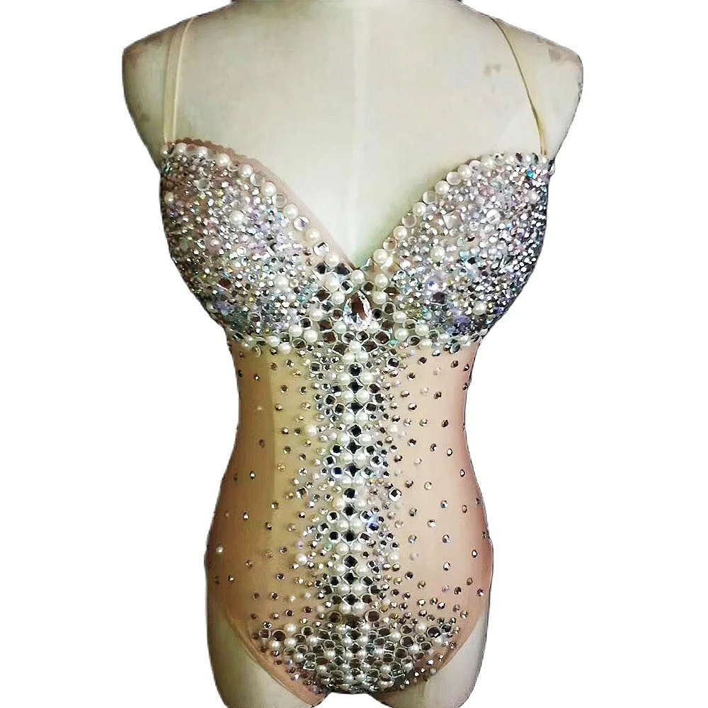 

Shining Pearl Rhinestones Perspective Sling Bodysuit Backless Bodycon Black Long Sleeve Coat Women Nightclub Dance Show Wear