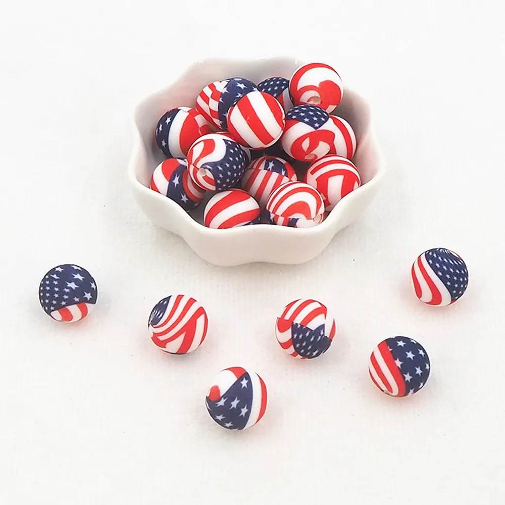 

Chenkai 10PCS 12mm US Flag Print Silicone Beads Baby Round Shaped Beads BPA Free Teething DIY Sensory Chewing Toy Accessories