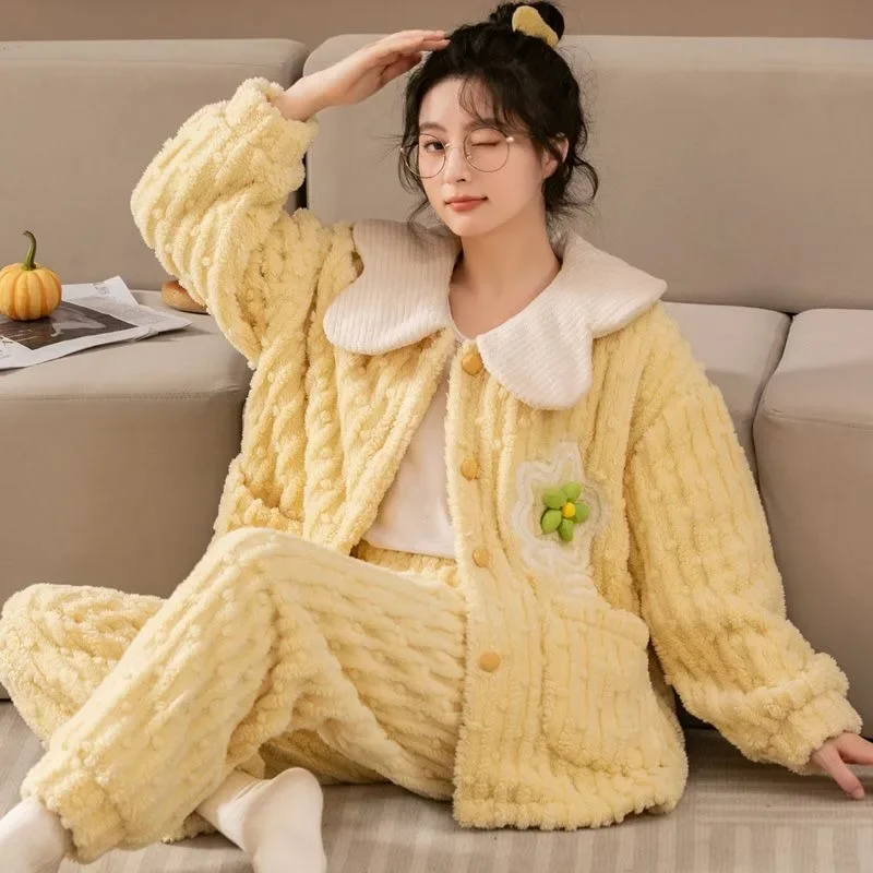2024 New High-end Winter Pajamas Women Thick Flannel Sleepwear Student Cute Homewear Warm Plush Coral Velvet Loungewear Set