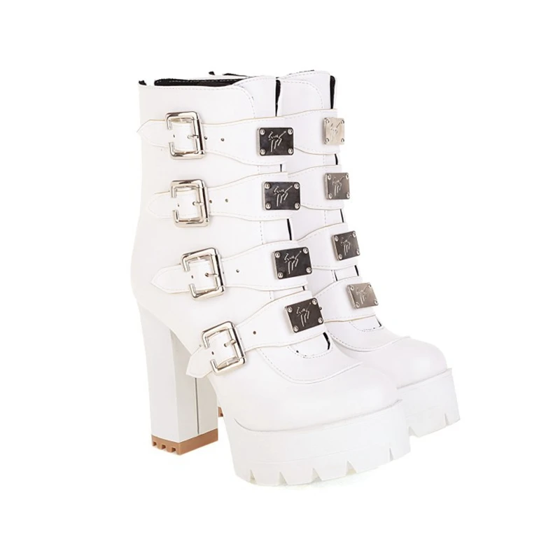 

Женские ботинки до середины икры, черные кожаные боевые ботинки на платформе и массивном каблуке, в готическом стиле, с пряжкой, в стиле панк, Зимняя модель 44 705