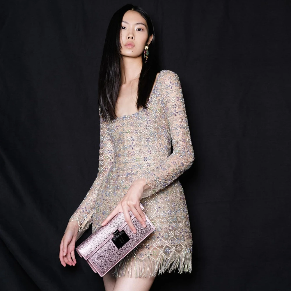 

Luxury Square Neck Party Dress Long Sleeve Mini Length Sequins Sparkly Woman Clothes Ever Pretty Gown Custom Made Crystals Gown