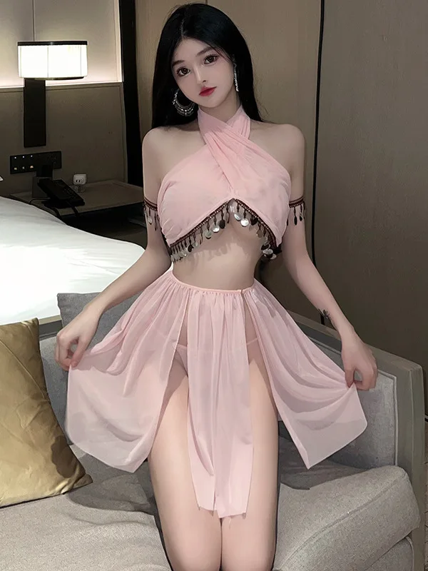 

Women's Sexy Exotic Charm Temptation Skirt Set Design Sense Elastic Waist Side Split Tassels Backless Fashion Chiffon Tops GFTB